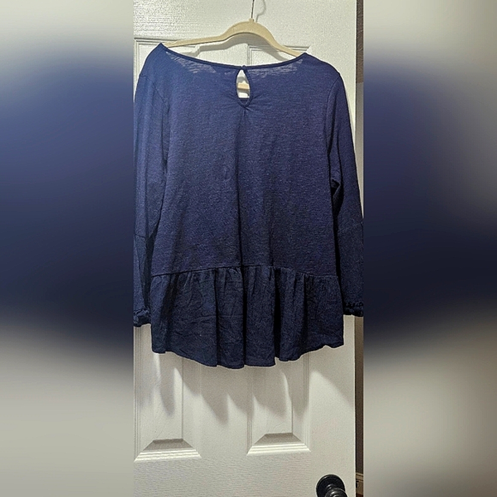 Crown & Ivy Blue Ruffled Peplum Long Sleeve Blouse